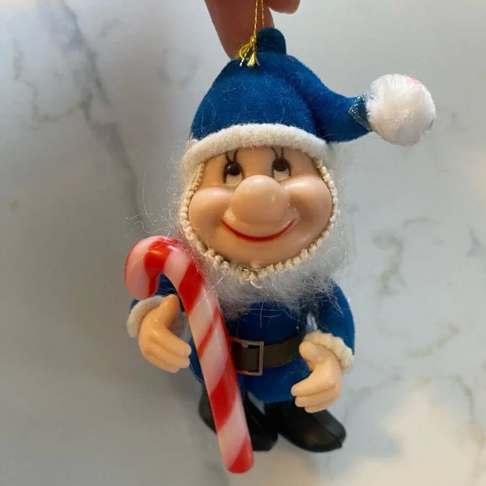 Vintage Blue Elf Ornament Christmas Candy Cane Gnome Dwarf made in Hong Kong